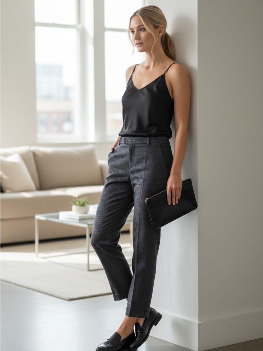 Bisou Bisou CBK Quiet Luxury Classic Black Texture Slim Fit Ankle Pants Size 4